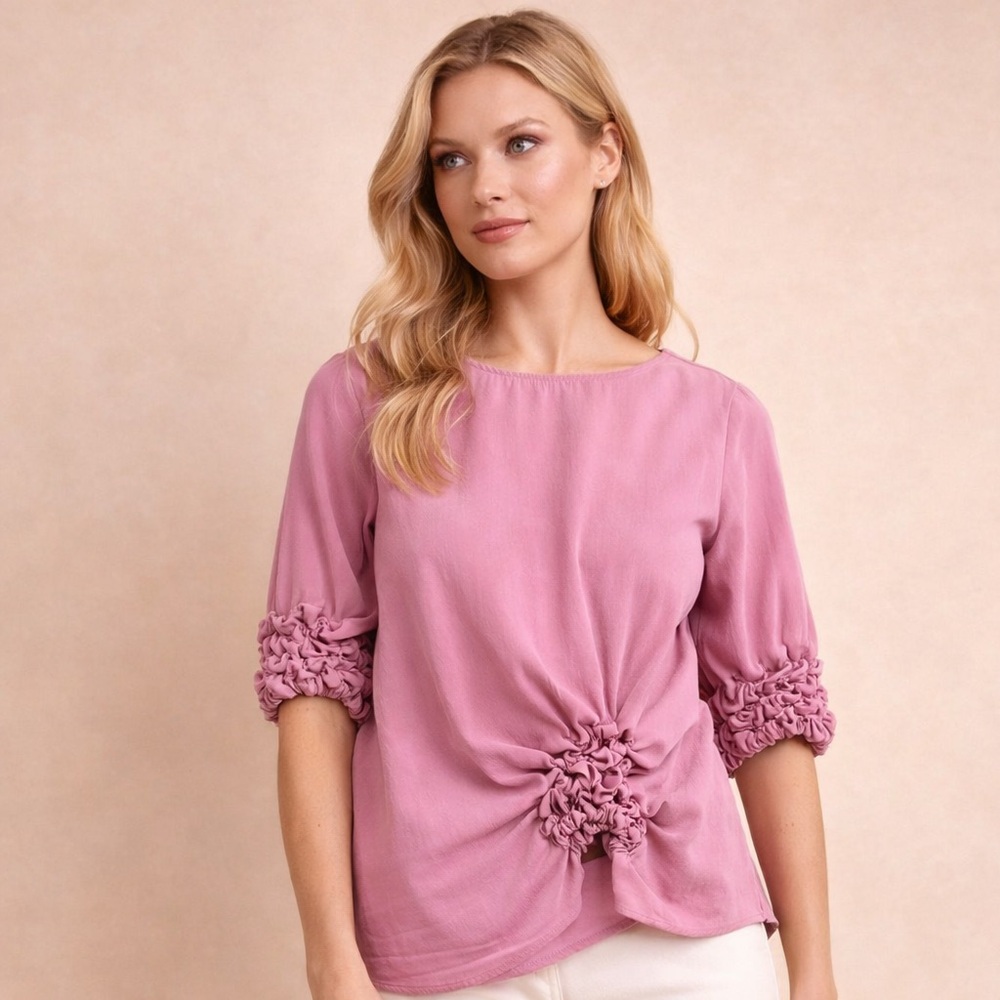 COS Pink Ruched Popcorn Detail Blouse Puff Sleeve Modal Top Size 4
